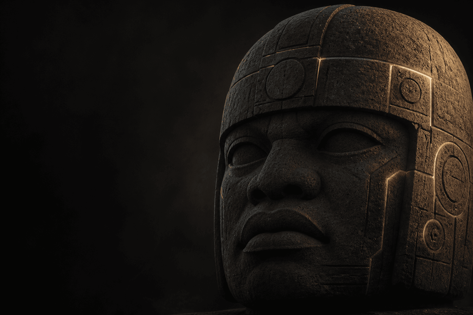 Olmec-inspired stone sculpture with subtle engineered details